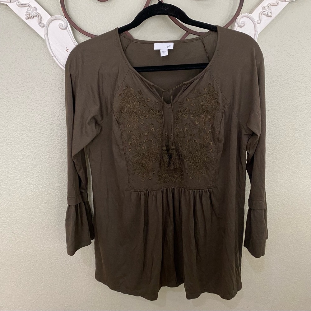 J. Jill Deep Green Floral Embroidered Peplum Top